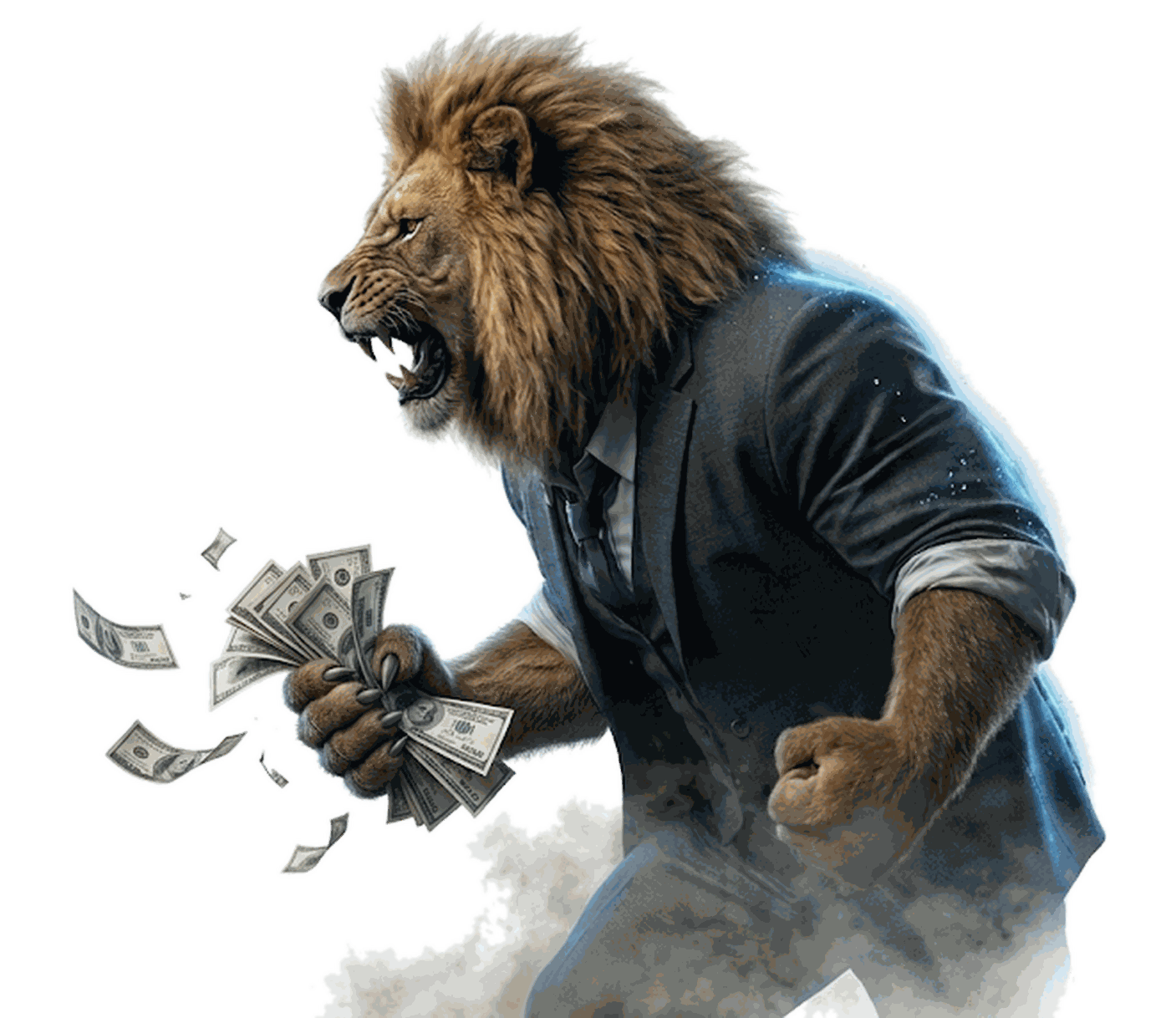 A lion in a business suit breaking through a glass wall marked 100 percent